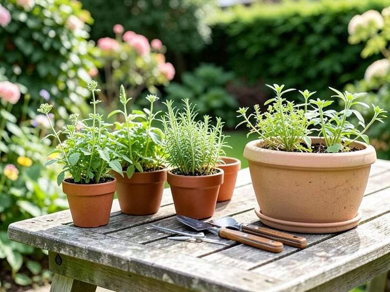 Potted herbs and garden tools on a wooden garden table