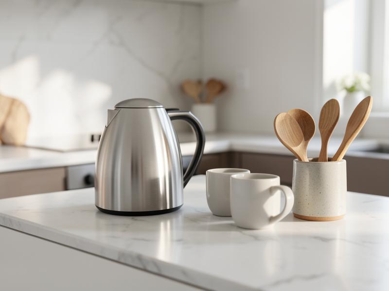 A modern kitchen scene with a kettle, mugs, and wooden utensils