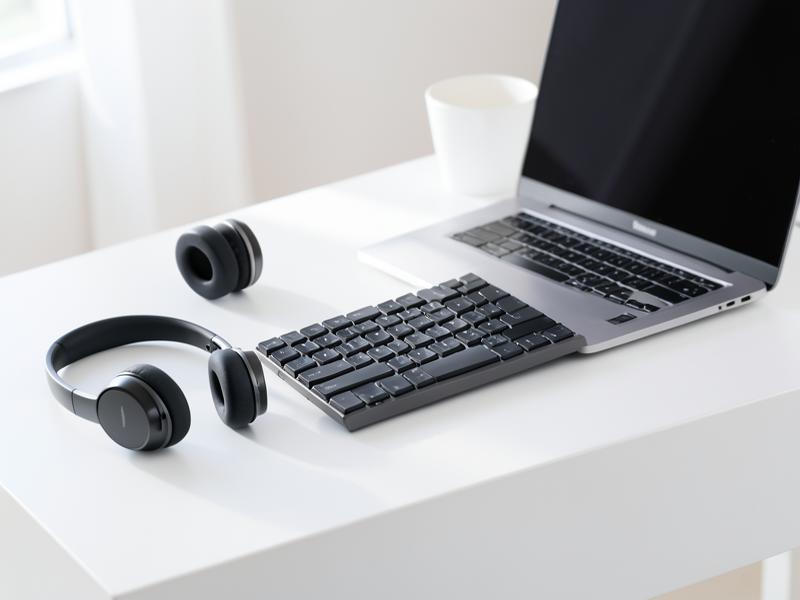 A minimalist desk setup with headphones, keyboard, and laptop